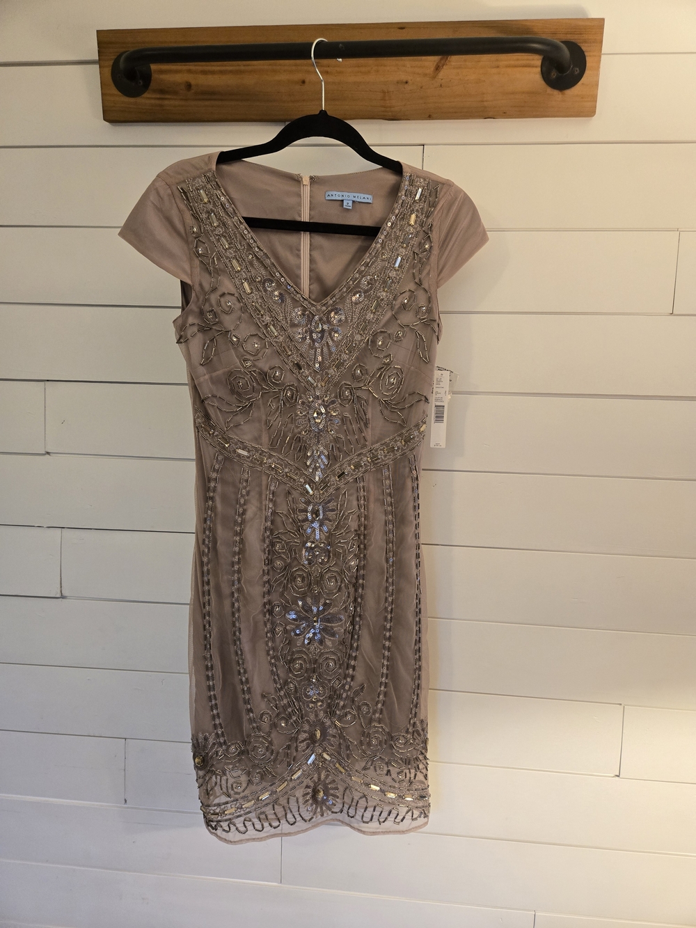 ANTONIO MELANI Taupe-Beige Beaded V-Neck Cocktail Dress